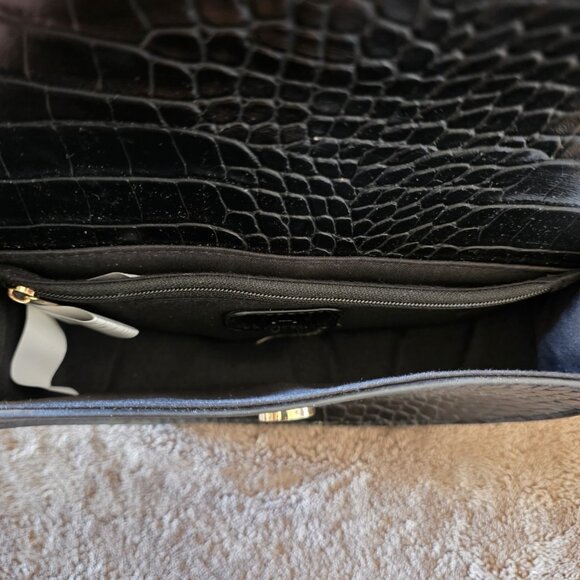 Halston Black Croc Embossed Faux Leather Crossbody Bag Gold Chain H Logo - Picture 6 of 14